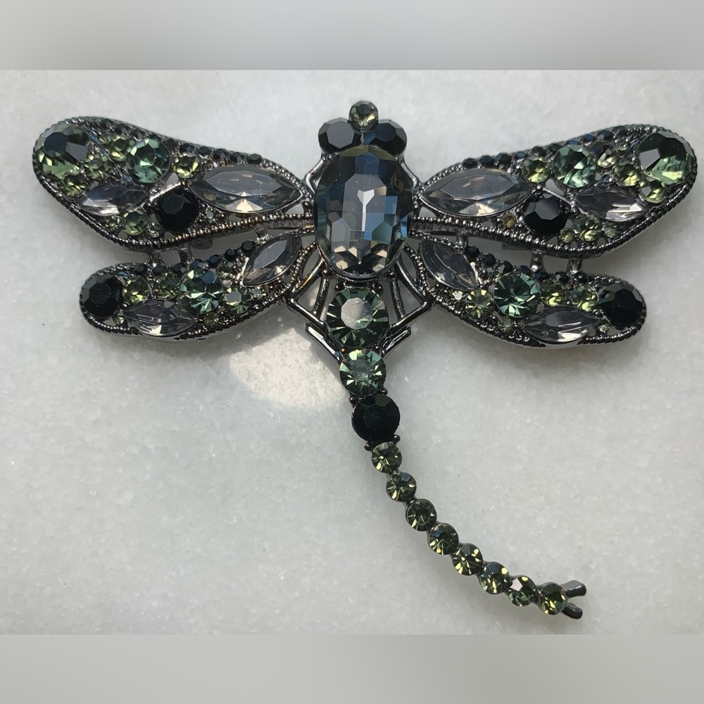 Vintage Dragonfly Rhinestone Brooch – Green & Black Jeweled  (3.75” x 3”)